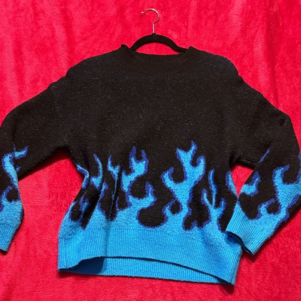 Dolls Kill Black and Blue Flame Sweater - Picture 1 of 4